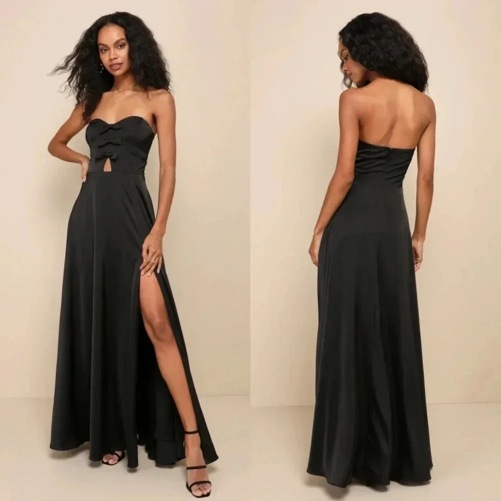 Lulu's Upscale Poise Black Satin Bow Strapless Maxi Dress Wedding Party Guest - Picture 1 of 12